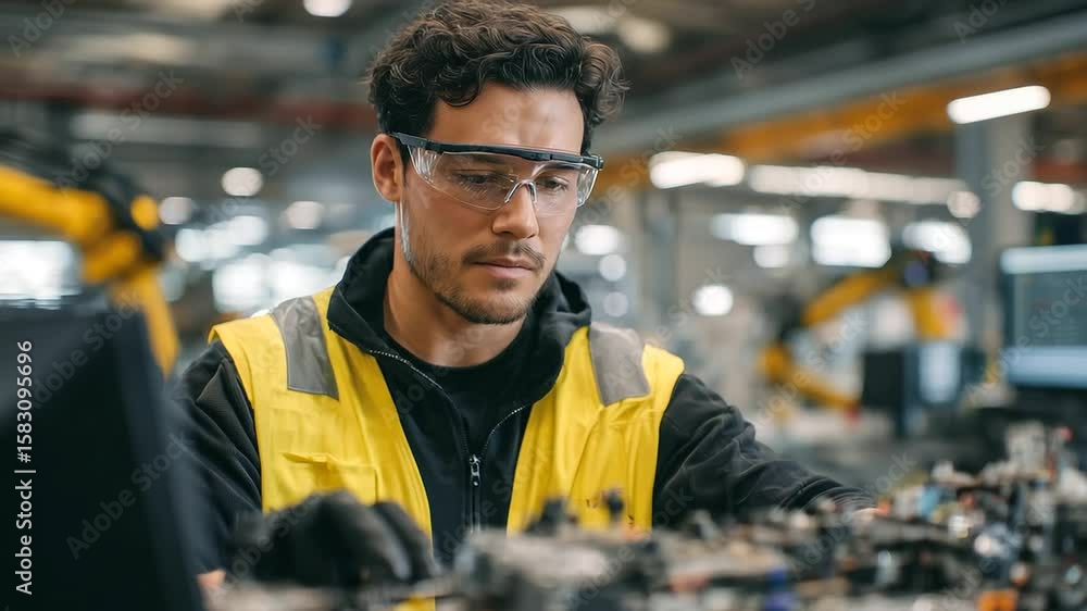 Poster man in safety goggles connects modular flight components while voice-controlled robotic arms assist,