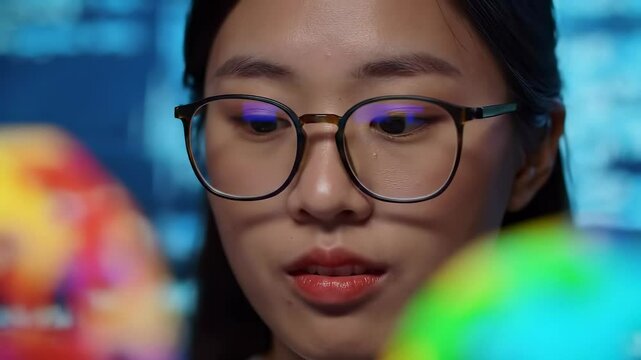Asian Female Scientist Analyzing Data with Holographic Display in Lab                                        