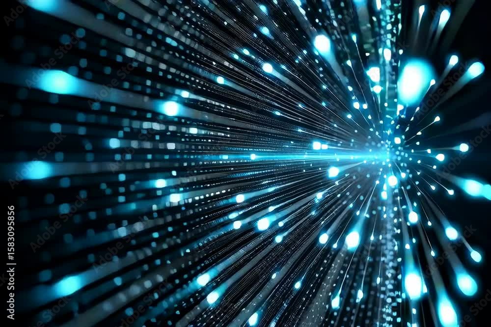 Poster blue glowing fiber optic cables with digital data streams and light streaks creating futuristic tech