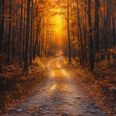Fototapeta premium Path through forest with yellow leaves in painting.