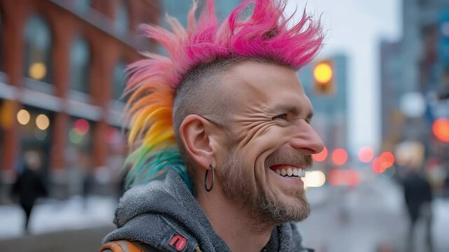 An illustration of a young man with a rainbow-coloured mohawk and bright pink hair
