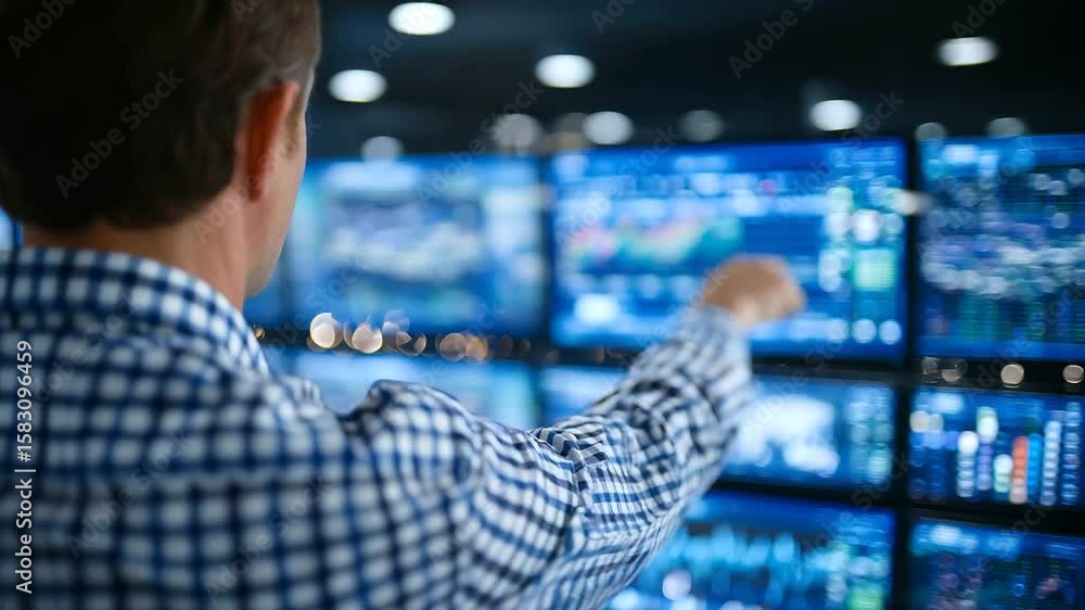 Aufkleber close-up of a male network engineer adjusting blade servers, touchscreen control panel displays real