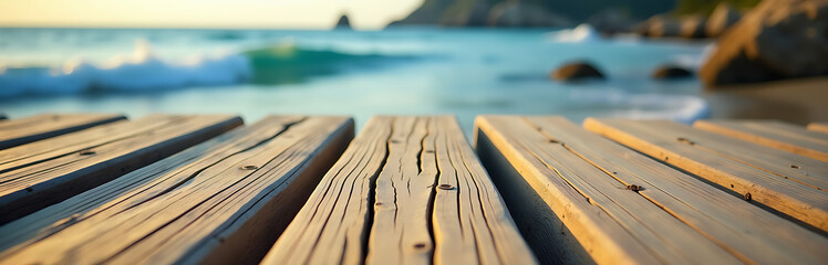 overhead shot weathered driftwood planks worn smooth ocean currents set soft focus blue sky warm diffused