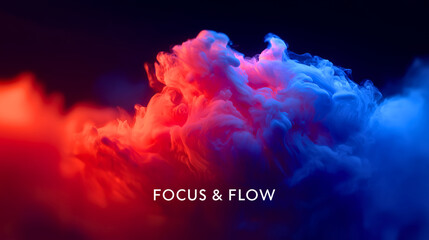 Colorful smoke cloud with “FOCUS & FLOW” text overlay