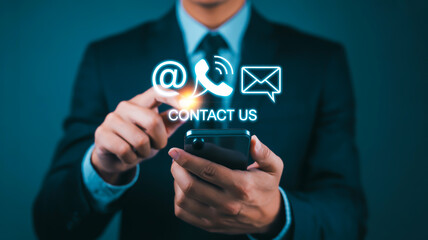 Business professional touching contact icons phone