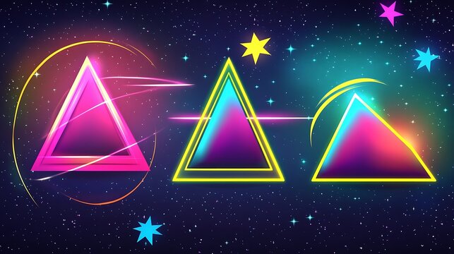 Triangles in space, neon glow, retro aesthetic