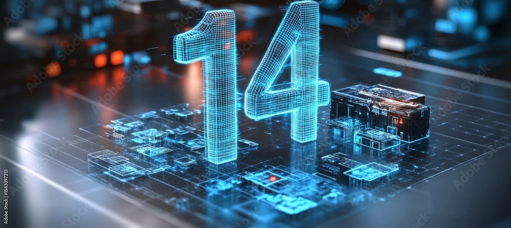 Poster futuristic high-tech engineering concepts with digital filament number 14 and advanced connectivity