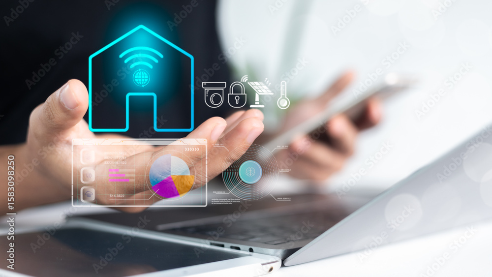 Poster hand using a smartphone with a holographic smart home interface. concept of iot, home automation, di