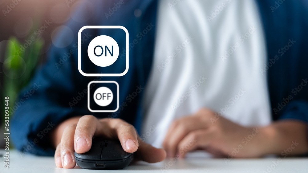 Poster hand clicking a computer mouse with a virtual on-off button icon. concept for smart control, user in