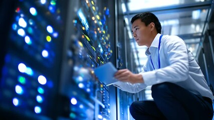 Technician kneels beside open server chassis in a climate-controlled room, diagnostic lights flickering as he performs hardware maintenance with precision