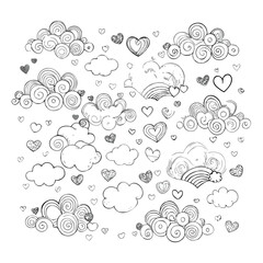 Whimsical Sky Dreamscape of Clouds and Hearts a Black and White Line Drawing with Playful Flair and Innocent Charm