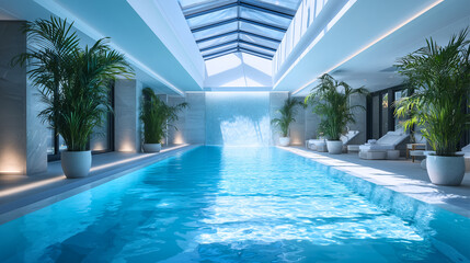 Indoor swimming pool with skylight and tropical plants