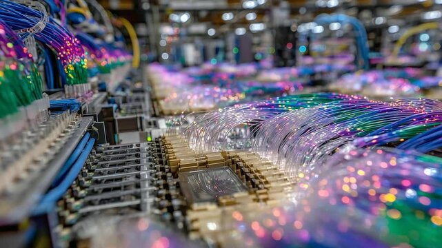 Technician plugs high-speed Ethernet cables into a patch panel, surrounded by color-coded cable management systems in an ultra-clean data environment