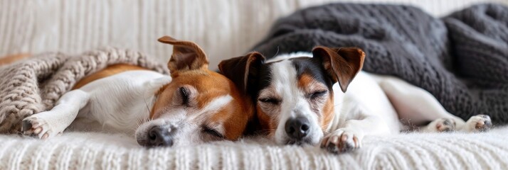 Sleeping dogs snuggled together on a cozy blanket in a warm living room during a quiet afternoon