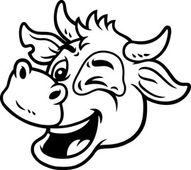 Vector Cartoon Hand Drawn Happy Winking Cow With Spot On Face Line Art