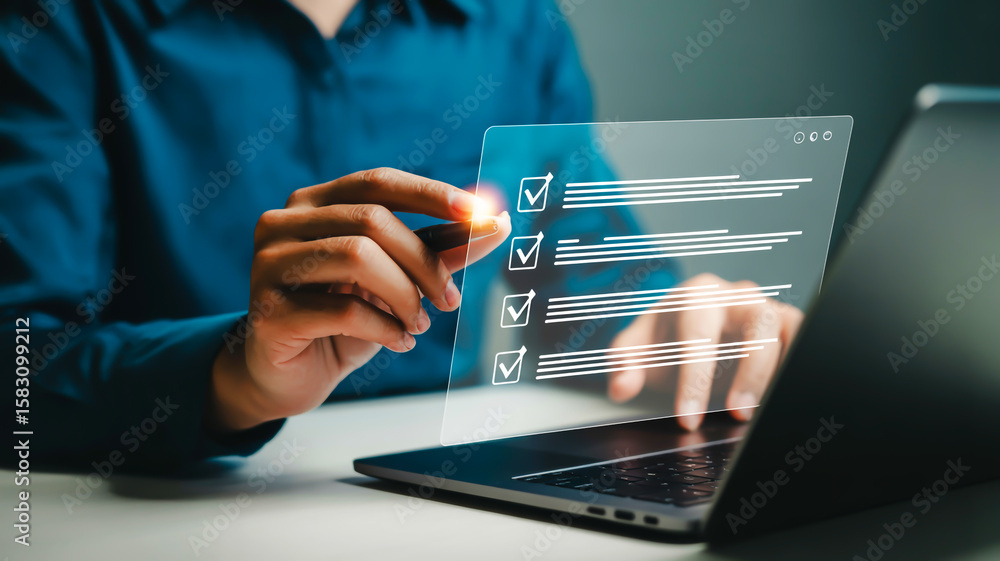 Poster checking tasks on digital screen hands