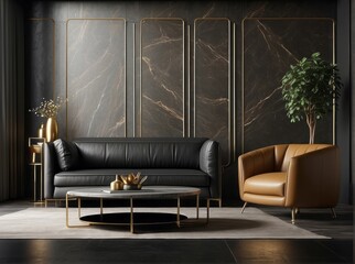 Leather sofa and armchair near golden round coffee table against of black marble paneling wall