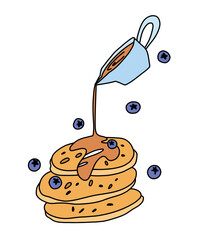 Syrup pouring from a gravy boat onto a stack of baked pancakes surrounded by blueberries