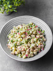 cold Russian soup okroshka with egg and vegetables