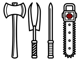 Collection of stylized weapons including an axe trident sword and chainsaw