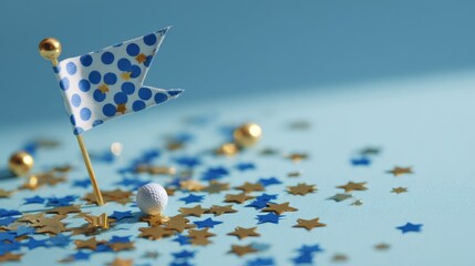 Festive blue and gold celebration scene with flag and stars for party decor