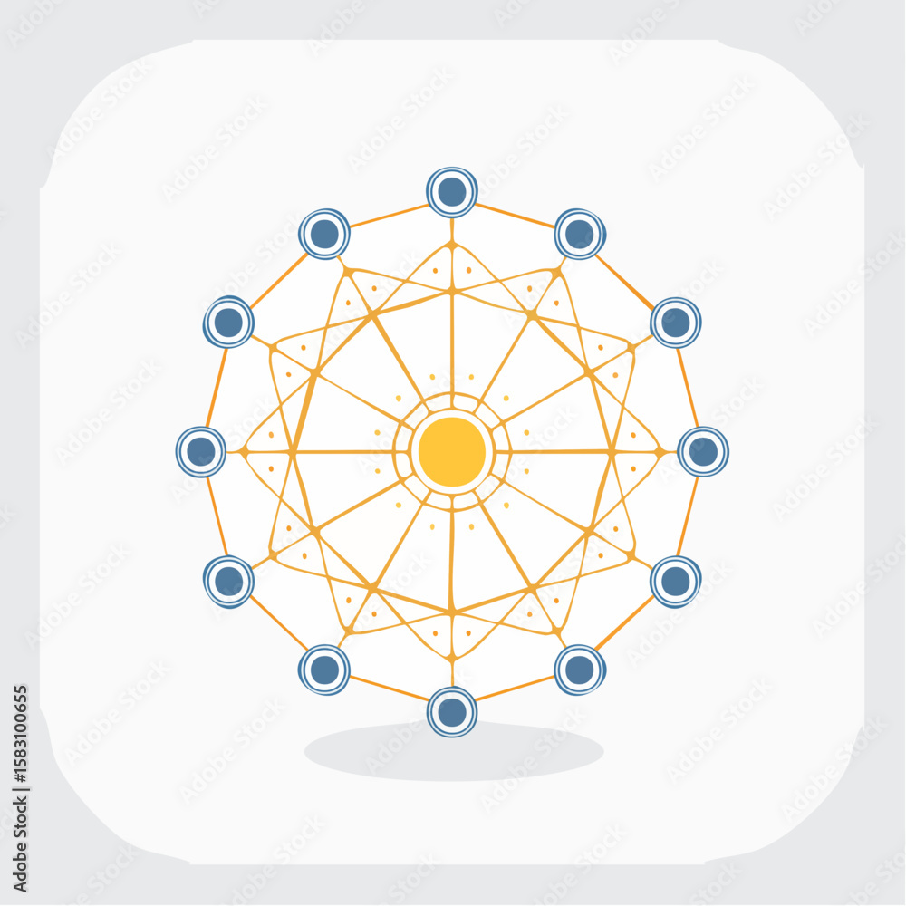 Poster decentralized network node glowing stronger than others represented graphically