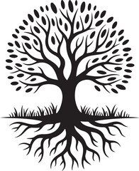 Obraz premium Tree with Roots Silhouette in Black and White, Symbolic Nature Graphic of Growth, Family Heritage, Balance, and Life Cycle Design