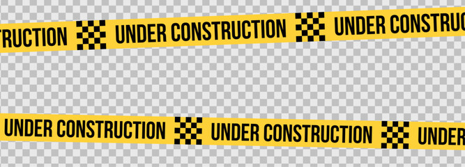 Under construction yellow warning tape safety stripe. Caution barrier stripe for safety zone, blocked area, website page, road work, site maintenance, redesign progress. Vector illustration.