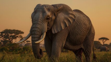 Fototapeta premium Solitary Elephant on Savannah Plain During Sunset