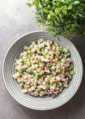 cold Russian soup okroshka with egg and vegetables