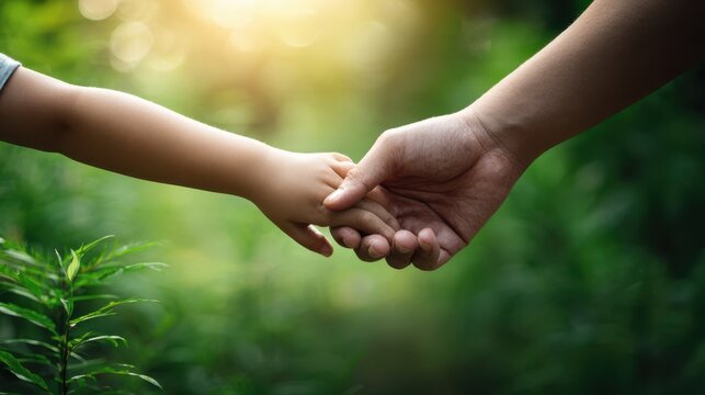 A tender moment captured as a parent and child hold hands in a lush, green setting, symbolizing love, trust, and the bond between generations amidst nature?s beauty.
