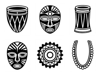 Collection of african cultural symbols including masks drums and jewelry