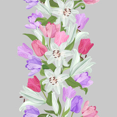 Seamless vector illustration with delicate lilies and tulips on a gray background. For decorating textiles, packaging. Vertical.