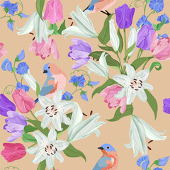 Seamless vector illustration with delicate lilies, tulips and birds on a beige background. For decorating textiles, packaging.