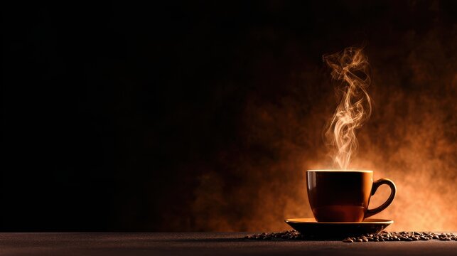 A beautifully captured image featuring a steaming cup of coffee against a dark background, inviting you to experience the warmth and comfort of your favorite beverage.