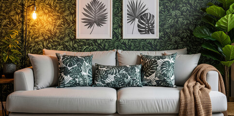 Grey sofa with tropical leaf patterned cushions against a dark green leafy wallpaper background Two framed botanical prints hang above Showcase of home interior design concept