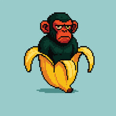 Pixel Art of a Grumpy Banana Peel Shaped Chimp. Brainrot Anomali.