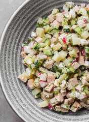 cold Russian soup okroshka with egg and vegetables