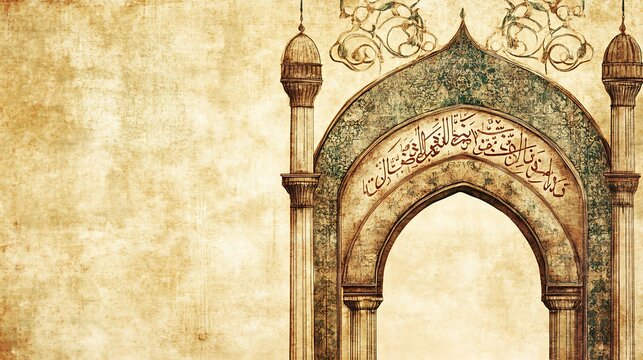 Ornate archway, Islamic design, aged paper background
