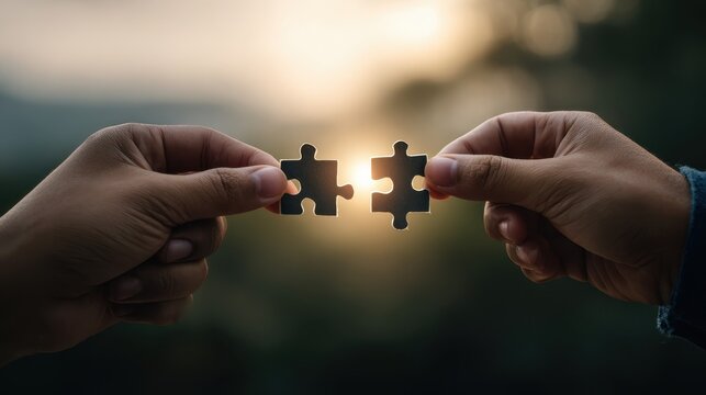 Two hands hold matching puzzle pieces against a soft sunset background, symbolizing unity, collaboration, and the beauty of coming together to create a complete picture.
