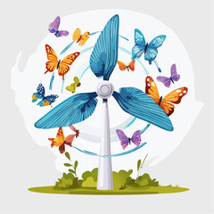 Wind turbine with butterfly wings for blades on a grassy field