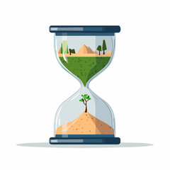 Hourglass showing change with healthy earth above and desert below