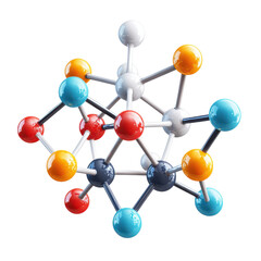 Molecule model or structure of the substance concept. Colorful molecular structure model with glossy spheres and rods, isolated transparency background