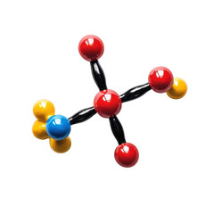 Molecule model or structure of the substance concept. Colorful molecular model with red, yellow, blue spheres and black bonds on transparent background