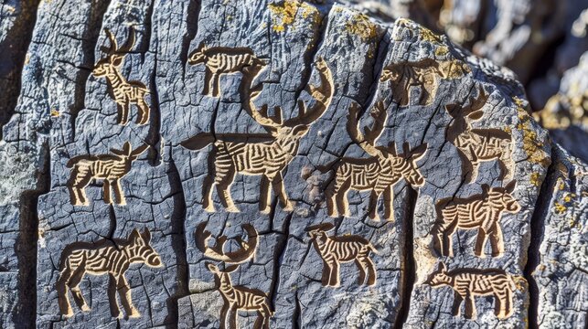 Primitive hunt  stick figure depiction of wild animals on a textured rock surface