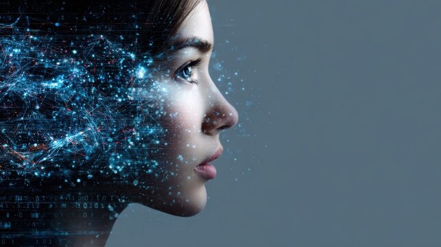 This striking image blends human form with digital elements, symbolizing the intersection of humanity and technology in an age of rapid innovation and artificial intelligence.