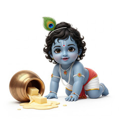  Bal Krishna Crawling with Spilled Butter Pot on White