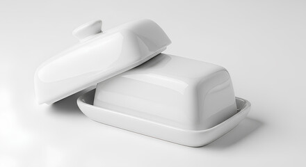 Blank white ceramic butter dish mockup with lid slightly raised