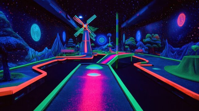 Neon mini golf course under starry sky with windmill landscape for fun night activities