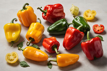 Extraordinary A group of peppers with a green stem and a yellow one